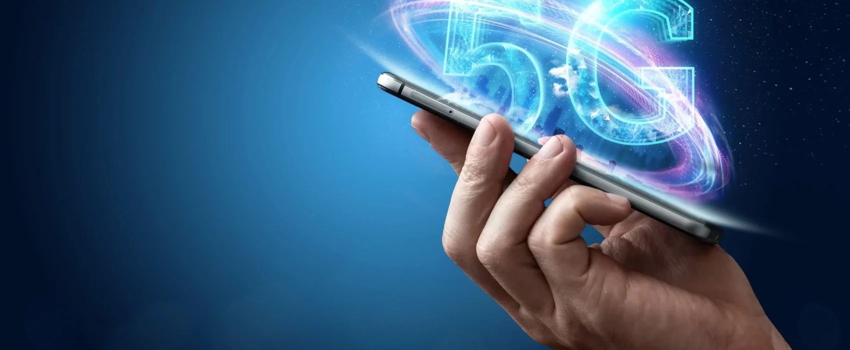 A digital illustration of a 5G logo between a human and robotic hand, set against a blue glowing city and network grid, representing Pakistan’s move toward 5G services.