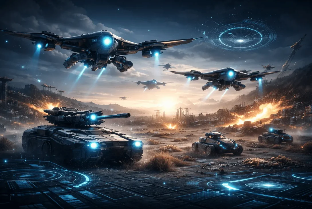 Futuristic military drones and unmanned tanks with glowing blue lights on a high-tech battlefield.