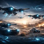 Futuristic military drones and unmanned tanks with glowing blue lights on a high-tech battlefield.