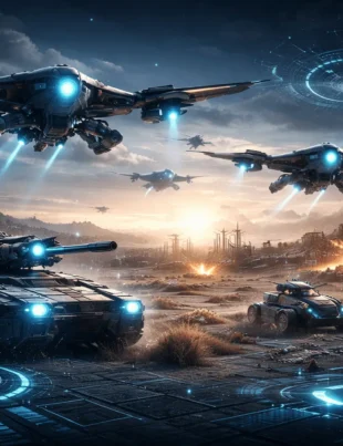 Futuristic military drones and unmanned tanks with glowing blue lights on a high-tech battlefield.