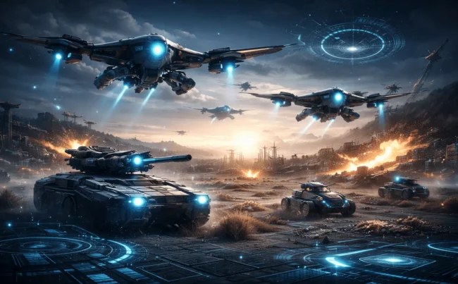 Futuristic military drones and unmanned tanks with glowing blue lights on a high-tech battlefield.