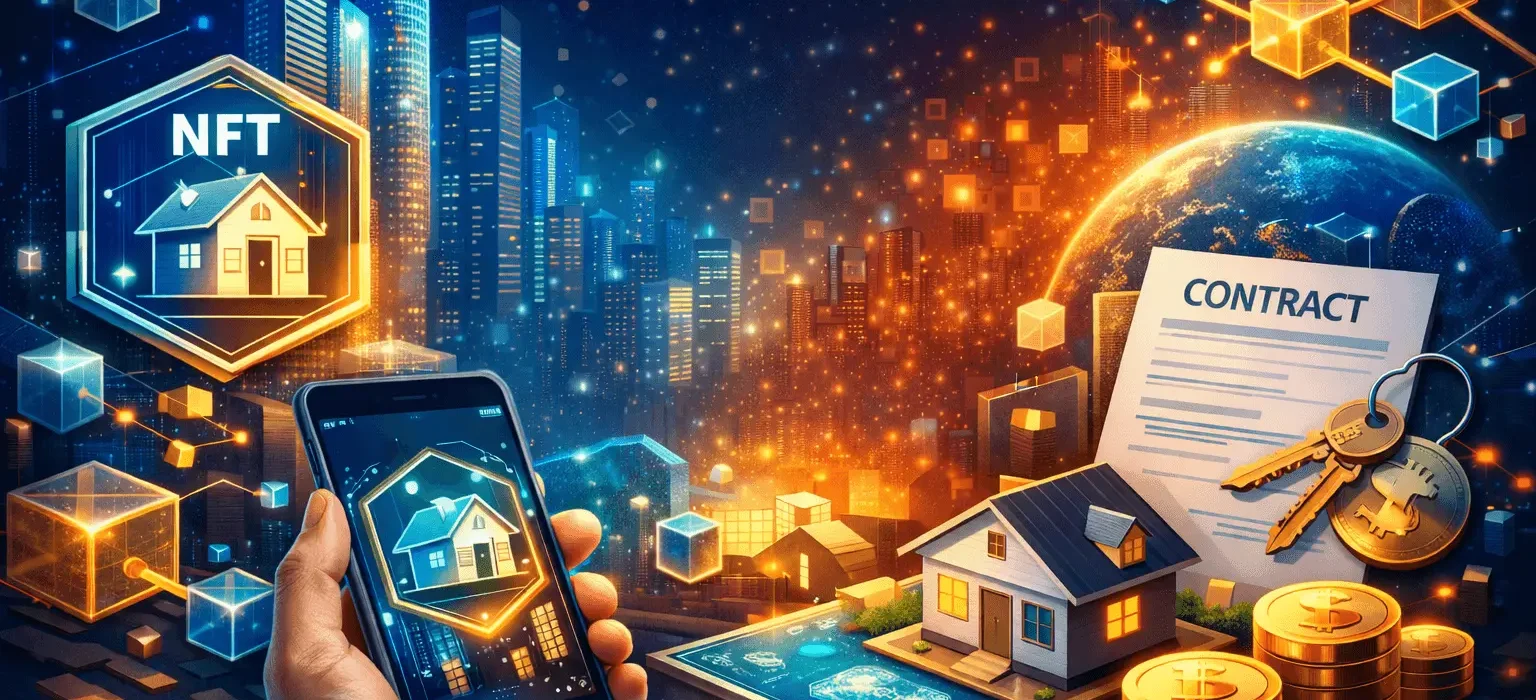 NFT-based real estate illustration showing blockchain property ownership, smart contracts, and digital investment in real estate.