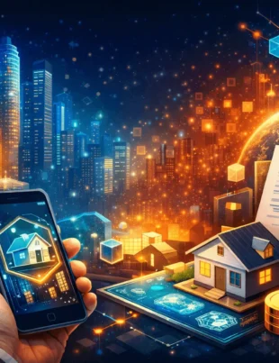 NFT-based real estate illustration showing blockchain property ownership, smart contracts, and digital investment in real estate.