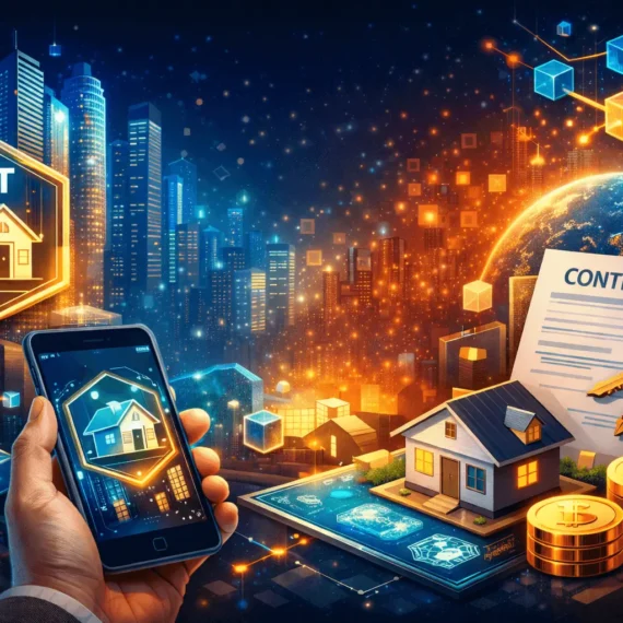 NFT-based real estate illustration showing blockchain property ownership, smart contracts, and digital investment in real estate.