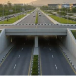 Shaheen Chowk underpass in Islamabad showing dual-lane traffic, sidewalks, and greenery, improving city traffic flow.