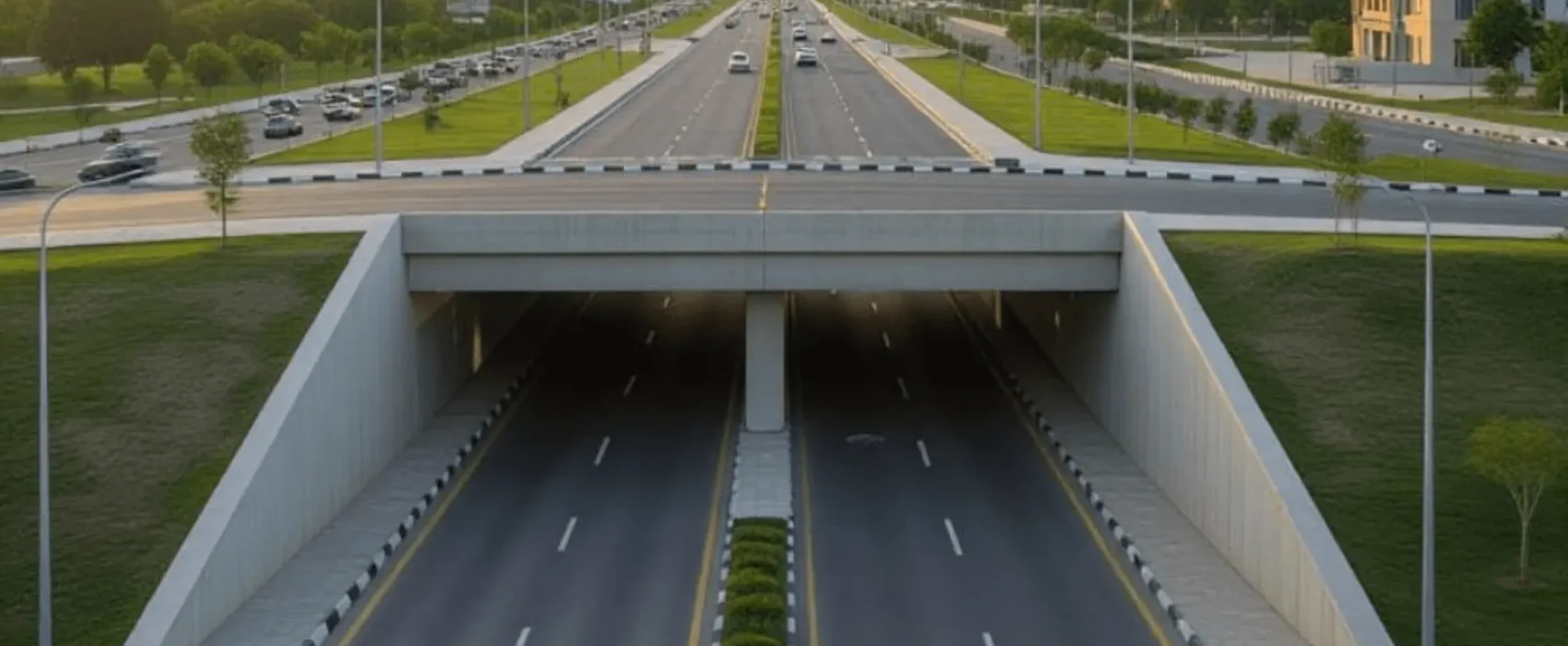 Shaheen Chowk underpass in Islamabad showing dual-lane traffic, sidewalks, and greenery, improving city traffic flow.